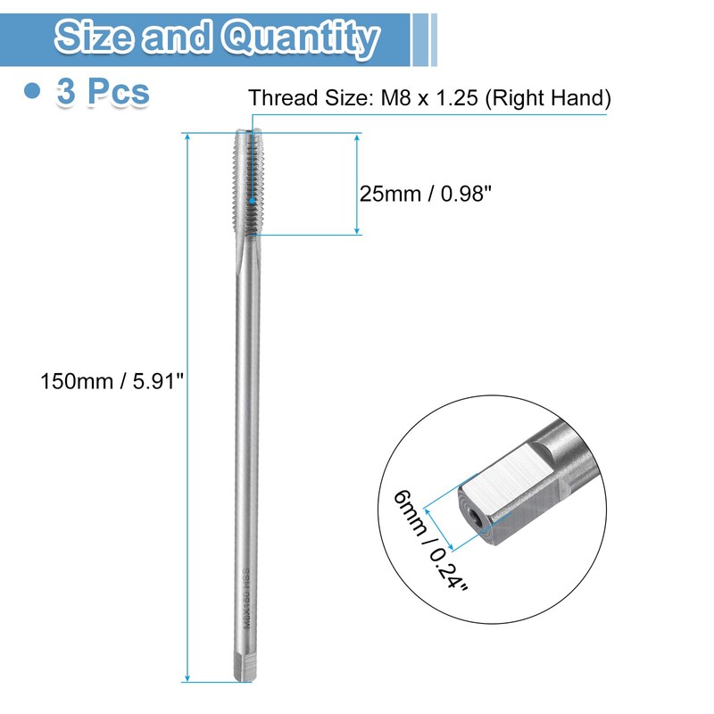 sourcing map 3pcs Straight Flute Thread Taps, M8 x 1.25