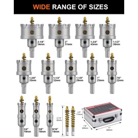 Kolvoii 14 PCS TCT Hole Saw Kit for Hard Metal, 9/16"-2-1/8" Inch Tungsten Carbide Tipped Hole Saw Drill Bit Hole Cutter Set with 1 Aluminum Box 2 Extra Pilot Drill Bits and 2 Wrench
