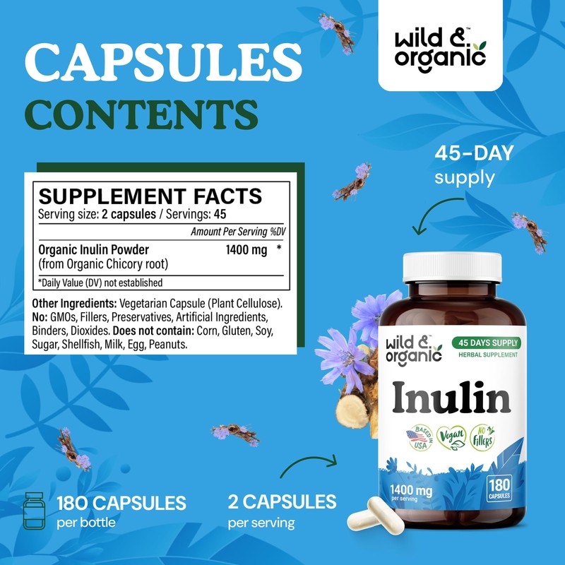 Wild & Organic Inulin Capsules - 180 Count- Digestive Support