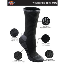 Dickies Women's Dri-tech Essential Moisture Control Crew Socks, Available in S-XL (6, Black Assorted (12 Pairs), M (Pack of 12)