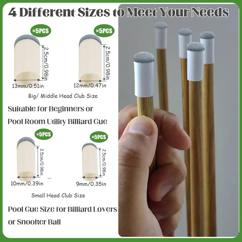 Keromtein 20pcs Slip On Pool Cue Tips, 4 Sizes Pool