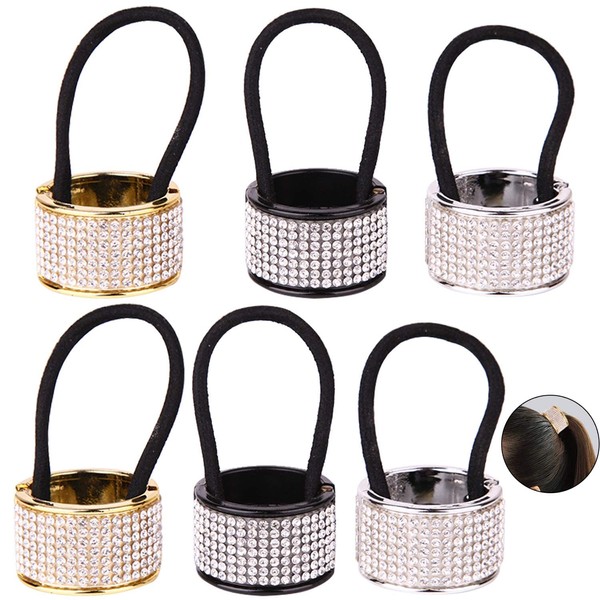 6 Pcs 3 Color Alloy Rhinestone Hair Ponytail Cuff Band Wrap Holder Elastic Hair Ties for Lady Women Girls - Gold&Silver&Black