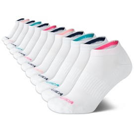 Nautica Women's Low Cut Moisture Control Athletic Socks with Cushioned Comfort (Pack of 12) (Solid White, Shoe Size: 4-10), Solid white