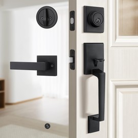 Gaurqiah Front Door Handle Set with Reversible Lever, Heavy-Duty Exterior Door Lock Set with Single Cylinder Deadbolt, Matte Black Finish