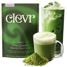 Clevr Blends Organic Honey Lavender Matcha SuperLatte, Instant Ceremonial Grade Matcha, Superfood Powder Blend with Oat Milk, Lions Mane, Reishi Mushroom, Coconut Cream, Ashwagandha, Serve Hot or Iced, 12oz