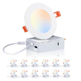 CLOUDY BAY 12 Pack 4 Inch 5CCT Ultra-Thin LED Recessed Ceiling Light with Junction Box,2700K/3000K/3500K/4000K/5000K Selectable,10W Dimmable Canless Wafer Downlight,White, 650LM High Brightness