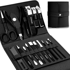 Manicure Set Professional Nail Clippers Pedicure Kit, 16 pcs Stainless Steel Nail Care Tools Grooming Kit with Luxurious Travel Leather Case for Thick Nails Men Women Gift - Color: Black