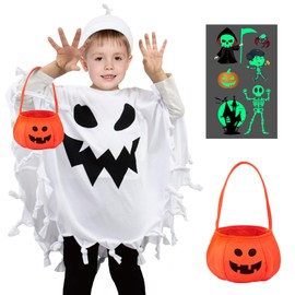 HVIERO Halloween Ghost Cosplay for Children 3 4 Years Old Halloween Ghost Costume Set of 4 Includes Tattoo Sticker Fluorescent Bag Pumpkin Ghost Cosplay Kids Costume Ghost (M)