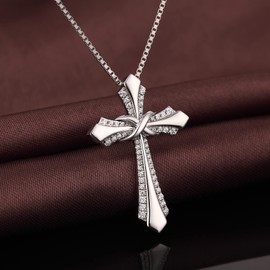 jiamiaoi 18K White Gold Plated Cross Infinity Cross Pendant Women's Necklace Cross 925 Sterling Silver Cross Chain with 12 Months Birthstone Cross Silver Chain with Cross, Cubic Zirconia