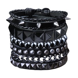 Ulekuke 4 Pcs Leather Punk Rock Studded Bracelets Set for Men and Women 80s Adjustable Spike Cuff and Retro Emo Jewelry Accessories(BK)