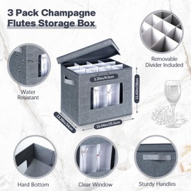 Norme 3 Pcs Wine Glasses Storage Box with Dividers, 12 Compartments Champagne Flute Storage Box with Lid Handle Window China Storage Containers Hard Shell Glass Holder Packing Boxes for Moving