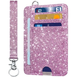 Card Holder Keychian and Lanyard Wallet Front Pocket Minimalist Travel Cute Funny Thin Leather With RFID Blocking Small Credit Card Holder Wallet for Men & Women Girls Organizer Gifts, Glitter Purple