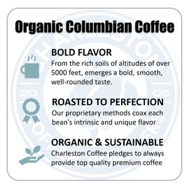 Charleston Coffee Roasters | Specialty Organic Whole Bean Bag | Hand Picked, Premium Slow Roast | Colombian Dark (12oz, 6 pack)