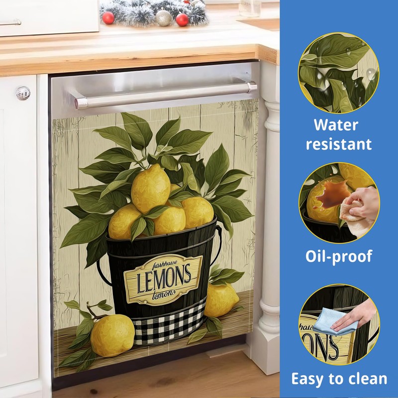 Washable Farmhouse Lemon Bucket Dishwasher Magnetic Cover for Kitchen Decor,Refrigerator