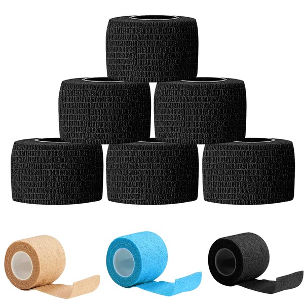 GNCLOUD 6pcs Cohesive Bandages Black, 2.5cm x 4.5m Bandage Wrap Ankle Wrap Cohesive Tape Flexible Elastic Sports Tape Breathable Cohesive Strapping Tape for Sports, First Aid