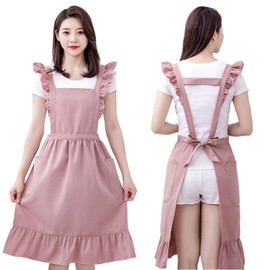 Oaygat Chef Apron Solid Color Pinafore Kitchen Apron with 2 Pockets Casual Bib Apron Cooking Gardening Apron for Women Adjustable Ruffle Apron Women's Cooking Apron for Baking Gardening Work Apron