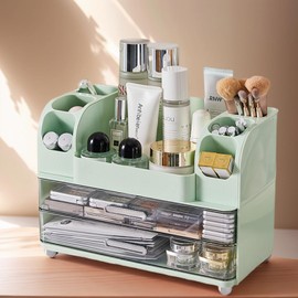 Makeup Organizer with 2 Drawers, Cosmetic Display Case, Storage Holder for Vanity, Bathroom Counter, Desk, Beauty Supplies (Green)