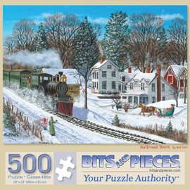 Bits and Pieces - 300 Piece Jigsaw Puzzle for Adults - 18" x 24" - Railroad Town - 300 pc Large Piece Winter Train Jigsaw by Bob Fair