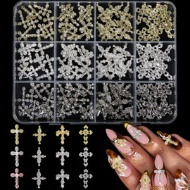 120Pcs 3D Cross Nail Charms, 12 Grids Metal Nail Art Charms Gold Silver Gun Black Decorations DIY Accessories Professional Manicure for Gel Polish Supplies