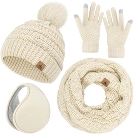 Winter Hat Scarf Gloves and Ear Warmer, Warm Knit Beanie Hat Touch Screen Gloves Set Winter Gifts Neck Scarves for Women