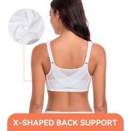 Lemorosy Women's Full Coverage Plus Size Front Closure Posture Back Non-Padded Wireless Support Minimizer Bra (40G, White)