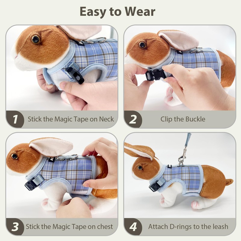 AIITLE Breathable Rabbit Harness and Leash Set - Plaid Pattern
