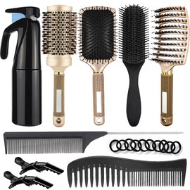 Aozzy 9Pcs Curly Hair Brush Set, Hair Brushes for Women, Round Brush for Blow Drying, Paddle Brush, Fit for Detangling Wet Long Thick Hair, Spray Bottle for Curly Wavy Hair, Family Daily Care (Golden)