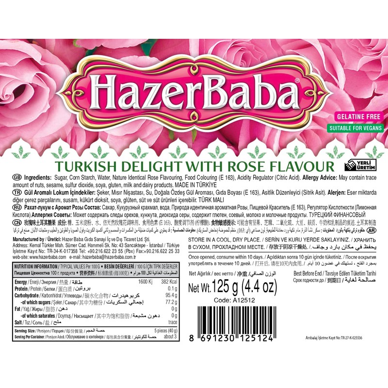 Hazer Baba Turkish Delight Candy, Rose Water Flavored, Gourmet Snack