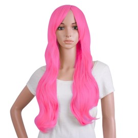 MapofBeauty 28 Inch/70 cm High-temperature fiber Side Bangs Long Wave Curly Hair Cosplay Wigs (Neon Pink)