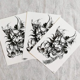Yesallwas Tattoo Stickers, Hannya Mask, Set of 3, Long Lasting Tattoo Stickers, Body Stickers, Men's, Waterproof, Easy to Apply to Arms, Feet, Body, Chest, Shoulders, Back, TATOO 5.9 x 8.3 inches (15 x 21 cm) (A)