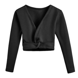 Girls Ballet Wrap Tops Leotard Long Sleeve Dance Wraps Sweater Gymnastics Cardigan,Velvet Inner(UK824-06-150) Black