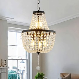 WALUIN 5-Light Black Crystal Chandeliers, Vintage Hanging Pendant Light Fixtures, Adjustable Foyer Chandeliers for High Ceilings, Dining Room, Kitchen Island