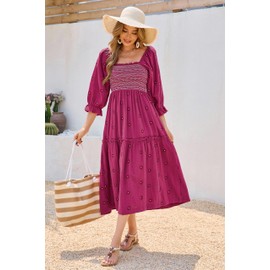 R.Vivimos Women's Long Sleeve Cotton Boho Midi Dress Vintage Square Neck Floral Embroidered Tiered Ruffle Flowy Pockets Dress (Large, Fuchsia)