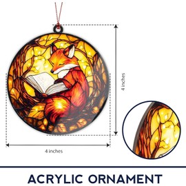 Fox Ornament, Book Lover Gifts for Women, Book Ornament, Christmas Ornaments 2025, Cozy Reading Animal Decor, Literary Gift Idea, Autumn Light Acrylic Suncatcher Ornaments, Unique