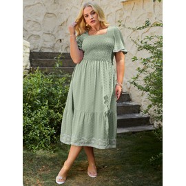 Glamaker Women's Plus Size Summer Casual Short Sleeve Smocked Square Neck A Line Flowy Midi Dress Long Dress Green 3XL