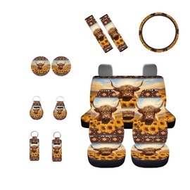 INSTANTARTS Highland Cattle Sunflower 13 Pcs Car Seat Cover Set Southwest Africa Aztec Seat Belt Cover Steering Wheel Cover Key Fob Coaster Lipstick Cover Auto Protectors