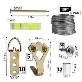 Picture Hanging Wire Kit D Rings Picture Hardware with Screws 3*10Ft Picture Wire Hanging Picture Hooks 100lbs Picture Hanging Kit with Nails Heavy Duty Hangers for Pictures, Clocks, Mirrors