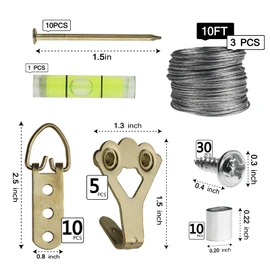 Picture Hanging Wire Kit D Rings Picture Hardware with Screws 3*10Ft Picture Wire Hanging Picture Hooks 100lbs Picture Hanging Kit with Nails Heavy Duty Hangers for Pictures, Clocks, Mirrors
