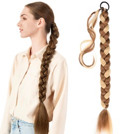 BOBIYA Long Braided Ponytail Extension, 30 Inch Pre-Stretched Braiding Hair Extensions, DIY Braided Ponytail, Natural Soft Braids (Medium Brown Highlighted)