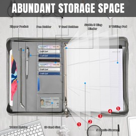 Deziliao 3-Ring Padfolio Portfolio Binder Organizer, Document Organizer Folio, 10.4 Inch PU Leather Business Portfolio with Zipper, Business Planner Notebook Organizer for Women/Men（Grey）