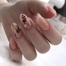 Press On Nails Almond Fake Nails Nude Twig Acrylic Nail With Glossy Shiny Design Press On Nails Kit Artificial Fake Nails Golden Stripes Stick On Nails Press On Nails For Women 24pcs