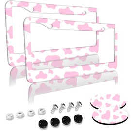 Cute Pink Cow Print License Plate Frames 2 Pack 2 Holes Aluminum License Plate Cover with 2 Pcs Car Coasters and Screw and Black Screw Caps for Girl Women Men Gifts