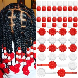 VENOFEN 60PCS Red&White Loc Beads Hair Jewelry for Braids Cute Acrylic Dreadlocks Bead Flower Self Hinge Hair Barrettes Kids Girls Hair Clips Decoration Accessories