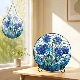 Stained Glass Window Hanging - Blue Cornflower Suncatcher for Window Door Hang or Stand Home Decoration Craft, Christmas Mother's Day Birthday Gifts for Women, Men, Wife, and Mom (6.3 inch)