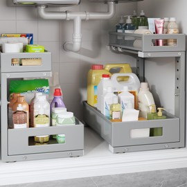 Biboraya 2-Pack Under Sink Storage Organizer, Large 2-Tier Elegant Mesh Pull Out Shelf for Kitchen and Bathroom Cabinet Organization, L-Shaped and Adjustable Height Design-Gun Gray