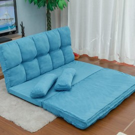 P PURLOVE Adjustable Floor Sofa Bed with 2 Pillows, Folding Lazy Sofa with 5 Reclining Position, Futon Floor Couch for Reading or Gaming in Bedroom/Living Room/Balcony, Lake Blue