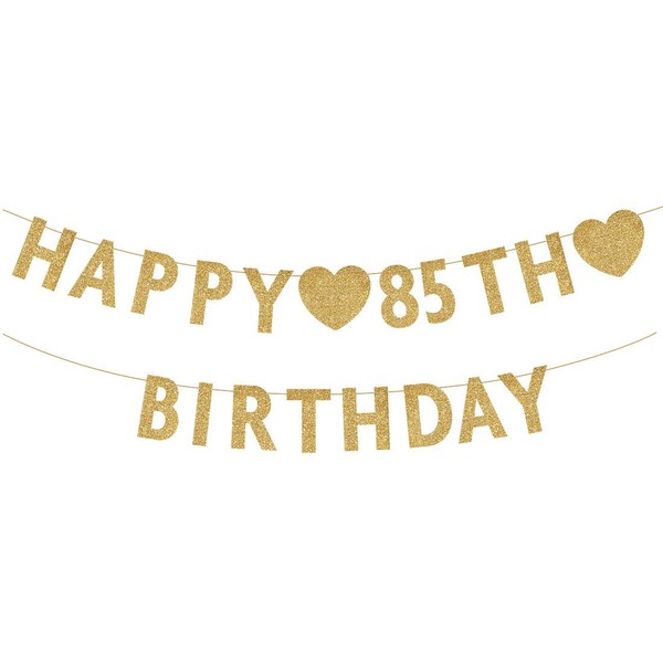 Gold Happy 85th Birthday Banner, Glitter 85 Years Old Woman or Man Party Decorations, Supplies