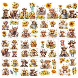 AHANDMAKER 12 Sheets Highland Cow Rub on Transfers for Crafts, Sunflower Rub on Transfer Stickers, Highland Cow Iron on Transfers Animal Decal Sticker for Wood Paper Furniture DIY Home Decor, 5.5x5.5