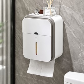 Gray Toilet Paper Holder for Bathroom Storage – No-Drill Wall-Mounted Waterproof & Dust-Resistant Tissue Container