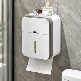 Gray Toilet Paper Holder for Bathroom Storage – No-Drill Wall-Mounted Waterproof & Dust-Resistant Tissue Container
